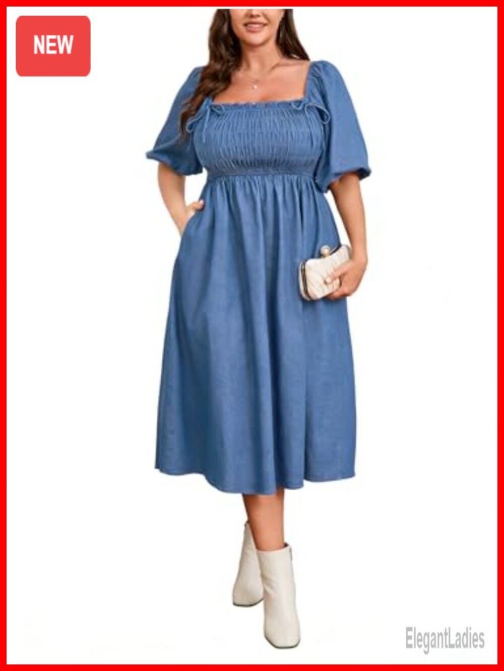 Plus Size Reversible Denim Dress Smocked A-Line Pockets Maxi Midi L-4X